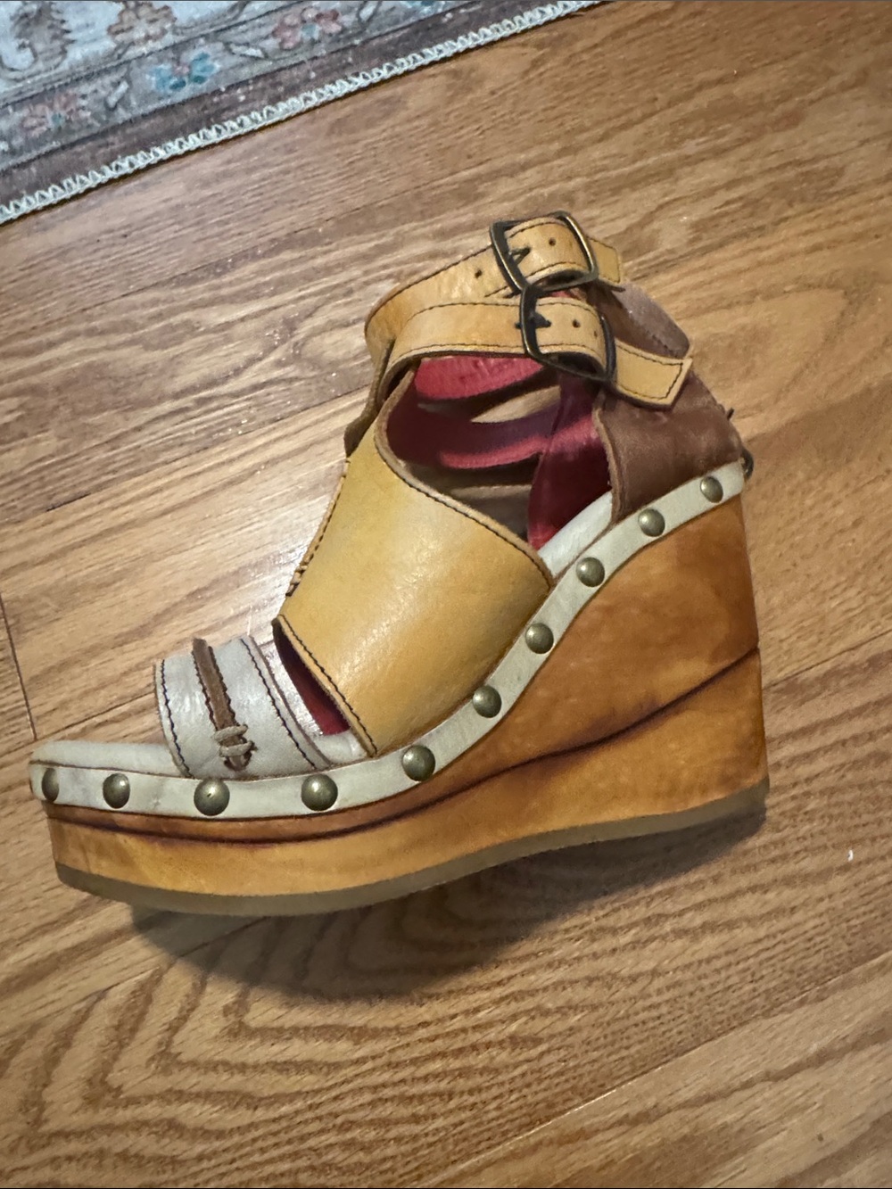 Bed Stu Yellow Brown Leather Platform Wedge Sandals - Picture 6 of 6